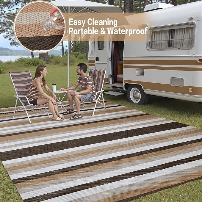 HUGEAR Outdoor Waterproof Rug 6'x9' Plastic Straw Rugs Washable Reversible Floor Mat Brown Stripe Carpet for Camping RV Deck Entryance Porch Picnic Balcony Beach Backyard