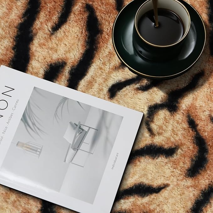 MACEVIA Tiger Printed Skin Area Rugs Western Decor for Living Room Bedroom Faux Animal Area Carpet Non-Slip Flannel Floor Mats 43.3" L x 29.5" W(3.6ft x 2.4ft)