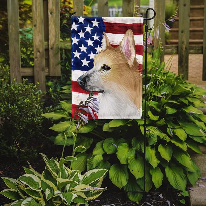 Caroline's Treasures CK6630GF Norwegian Buhund Dog American Flag Garden Flag Mailbox Flag Decorative Yard Flag Banner Outside Patio Artwork Yard Flower Beds, Garden Size, Multicolor
