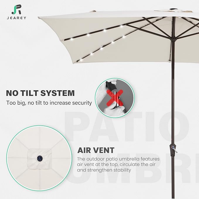 JEAREY 8x10 ft Rectangular LED Lighted Patio Umbrellas Outdoor Solar Table Market Umbrella w/Crank, 8 Sturdy Ribs, UV Protection Waterproof Sunproof(Creamy-white)