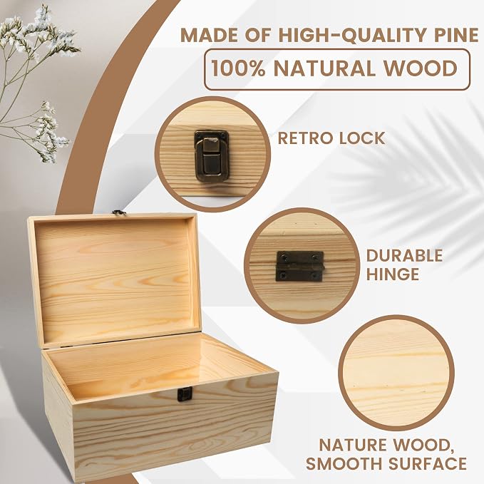 13.8x9.9x6.7-Inch/ 3.33-Gal. X-Large Unfinished Wooden Box for DIY Crafts & Storage with Hinges & Retro Front Clasps - Natural Pine - Smooth Paintable Surface
