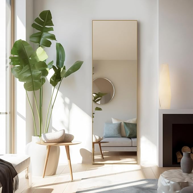 Full Length Floor Mirror, 16"x59" Body Wall Mirror with Stand | Shatter-Proof Nano Glass, Tall Standing, Hanging or Leaning, Aluminum Alloy Frame for Bedroom, Modern Home Decor, Gold