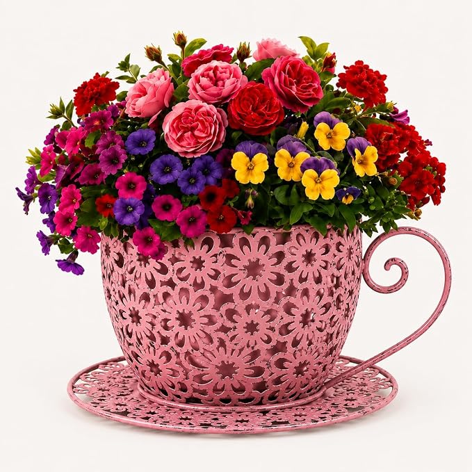 12 Inch Antique Metal Teacup Planter for Outdoor Plants Teapot Planter Floral Hollow Out Decorative Rustic Iron Flower Pot for Summer Garden Patio Home Decor (Vintage Rose)