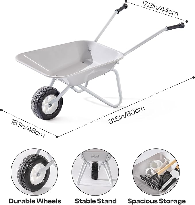 ROBUD Kids Gardening Tools Outdoor Toys Set Backyard Play with Kids Wheelbarrow-9pcs Metal Toddler Wheelbarrow, Garden Tools, Watering Can, Plant Labels for Ages 3+ (Grayish White)