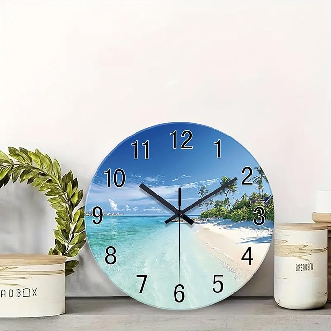 XFM Beach Coastal Wall Clock 16 Inch Blue Ocean Wall Clocks Battery Operated Tropical Seascape Glass Wall Clock for Living Room Bedroom Kitchen Decor