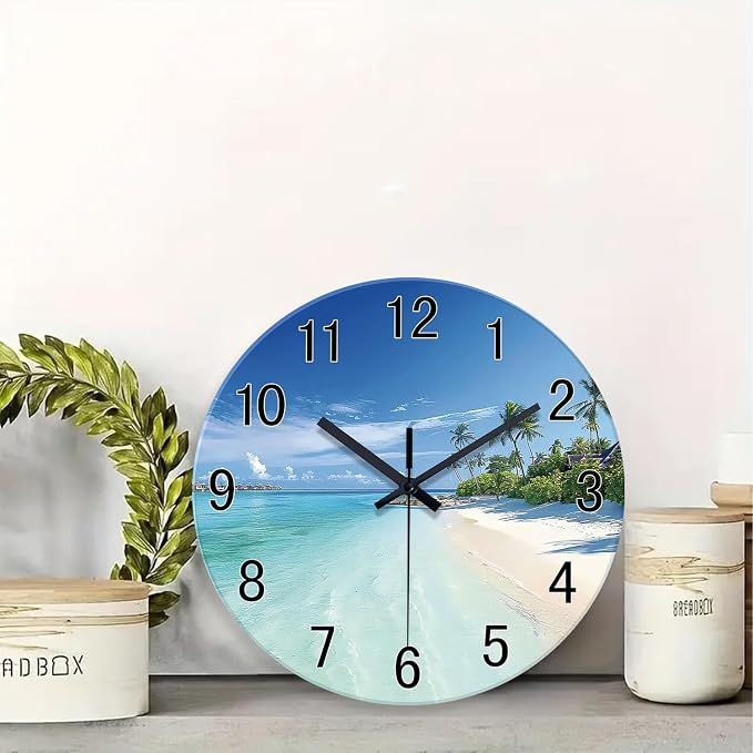 XFM Blue Beach Wall Clocks Battery Operated 12 Inch Coastal Nautical | Round Glass Silent Non Ticking Tropical Modern Glass Decorative for Living Room Bedroom Kitchen Office
