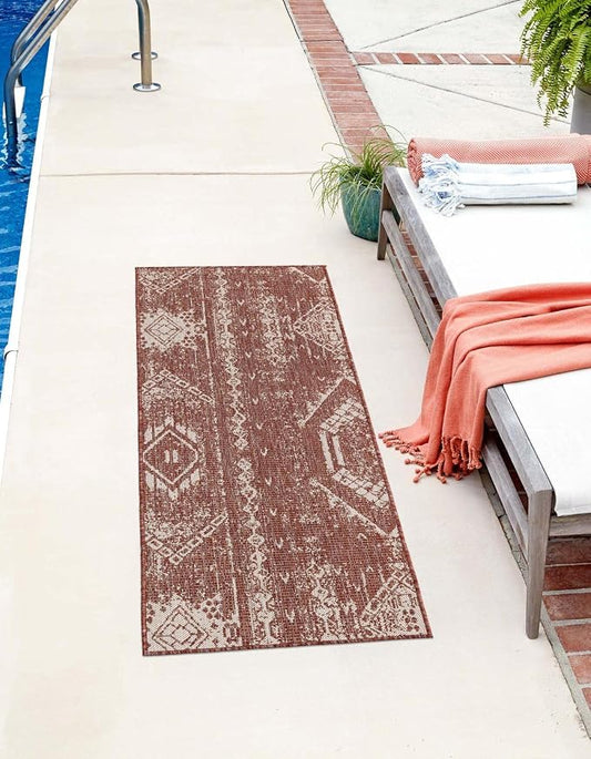 Unique Loom Outdoor Bohemian Collection Area Rug - Anthro (2' x 5' 1" Runner, Rust Red/ Ivory)