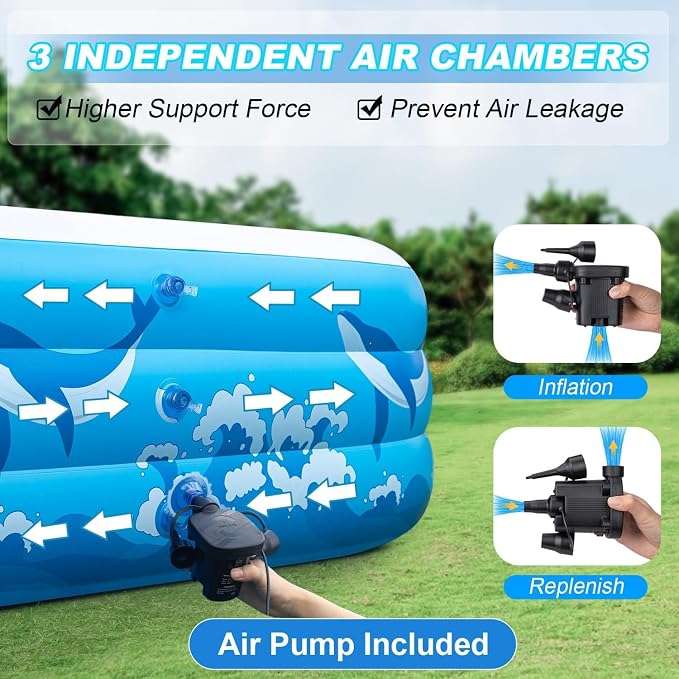 Large Inflatable Pool for Adults Kids, 130" X 72" X 22" Blow-up Pools Inflatable Swimming Pool with Pump, 2026 Oversized Thickened Family Inflatable Kiddie Pool for Backyard Garden Summer Outdoor