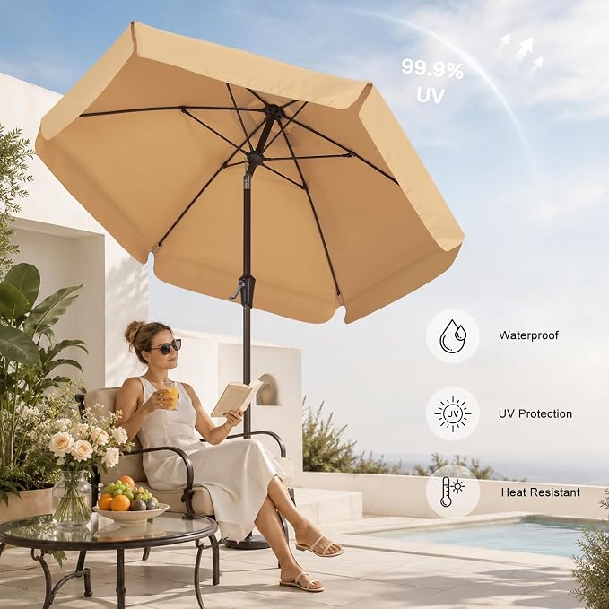 ABCCANOPY 7.5ft Scalloped Patio Umbrella, Outdoor Table Umbrella with Tilt and Crank, Fiberglass Ribs Deck Umbrella for Patio, Pool, Garden, Picnic (Tan)