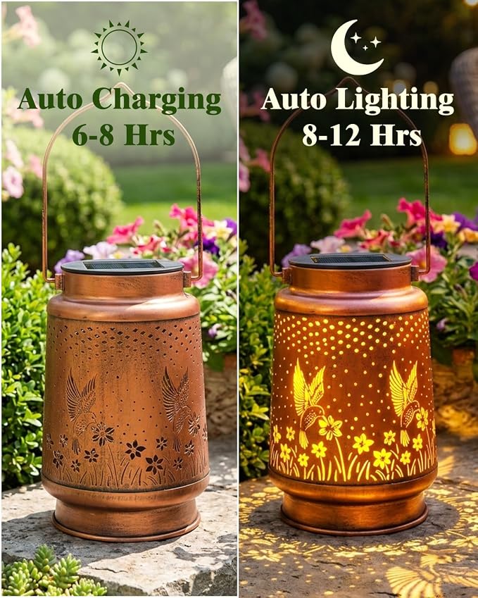 DIBIEECN 2 Pack Hummingbird Solar Lanterns Outdoor Waterproof, Garden Decor | Metal Hanging Lights, IP65 Waterproof, LED Decorative Lantern, Patio & Backyard, Birthday Gifts for Women, Mom & Grandma