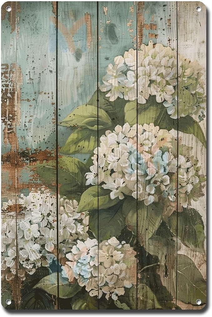 Metal Sign Tin Sign Vintage Shabby Chic Hydrangeas Tin Sign for Vintage Rustic Home Decor and Distressed Wood Panels with Weather Resistant Finish Greenhouse Decor for Club 6×8 Inches