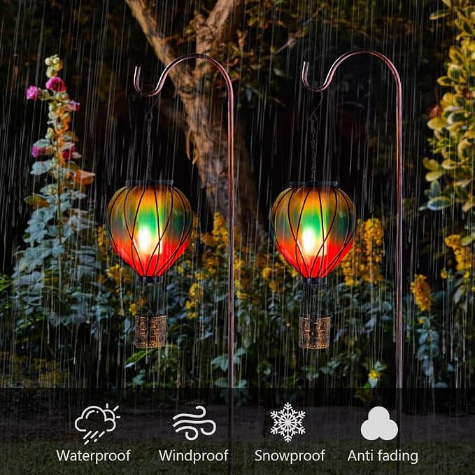 Gradient Color Solar Hot Air Balloon Outdoor Lantern with Flickering Flame Hanging Outdoor Lantern Waterproof Decorative Lantern Lamp for Patio, Garden, Porch | Handmade Glass, Flickering Flame, Waterproof, Decorative Outdoor Lantern, for Patio, Garden...