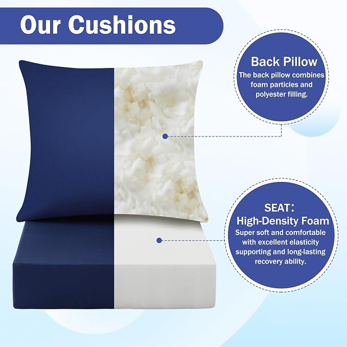 Outdoor Chair Cushions, 24 x 24 Inch Outdoor Cushion for Patio Furniture, Patio Chair Cushion, Waterproof & Fade Resistant Deep Patio Furniture Cushions Set with Handle and Ties, Navy Blue (Set of 6)