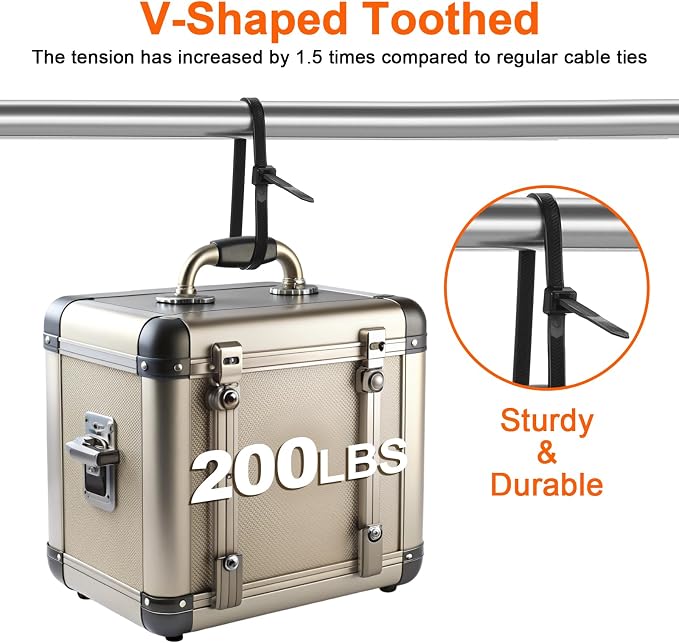 12"─-shaped & V-shaped double-sided tooth zip ties black. ─: 100lbs, V: 200lbs tensile strength. Heavy-duty, self-locking, adjustable, durable nylon ties for indoor/outdoor use. (40V+60─)