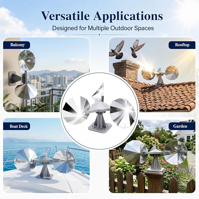 2 Pack Bird Scare Reflective Device with ABS Base for Outside | 3 Polygonal Double-Sided Chrome Blades, Outdoor Bird Reflectors for Pigeons Woodpeckers and Sparrows for Roof Garden Boat