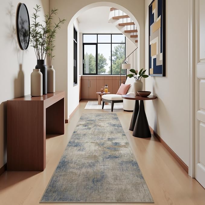 Joydeco 2x6 Runner Rug Modern Abstract Machine Washable Rug – Low Pile Faux Wool with Non-Slip Backing, Neutral Print Stain Resistant Carpet Runner for Hallway, Kitchen, Entryway, Laundry and Bedroom
