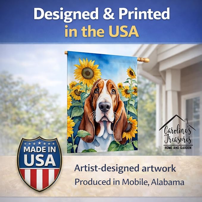Caroline's Treasures DAC6018CHF Basset Hound in Sunflowers House Flag Large Porch Sleeve Pole Decorative Outside Yard Banner Artwork Wall Hanging, Polyester, House Size, Multicolor
