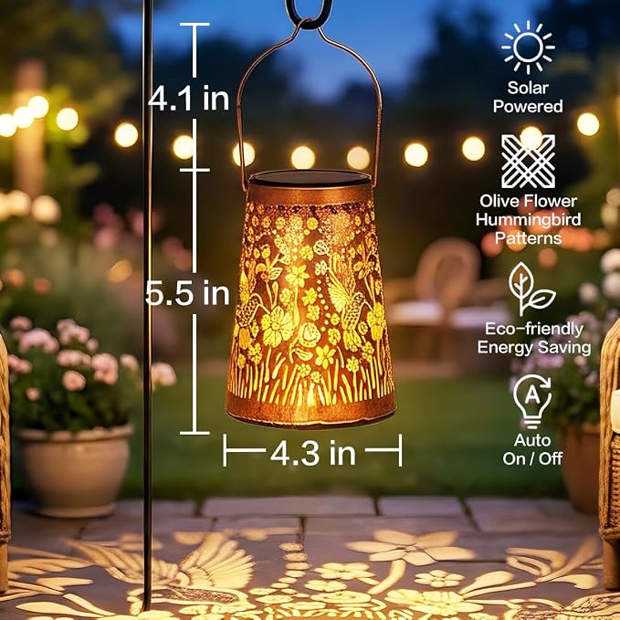 LeiDrail Hummingbird Solar Lanterns Outdoor 2 Pack, Hanging Waterproof Vintage Metal Lantern, Auto On/Off Garden Patio Yard Porch Pathway Decor, Warm White LED, Gifts for Women Mom Grandma