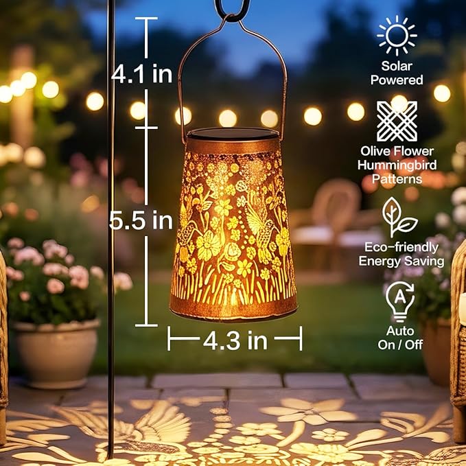 LeiDrail Hummingbird Solar Lanterns Outdoor, 4 Pack Metal Hanging Garden Lights, Waterproof Vintage Copper Decorative Lantern Set for Yard Patio Porch, Gifts for Women Mom Grandma