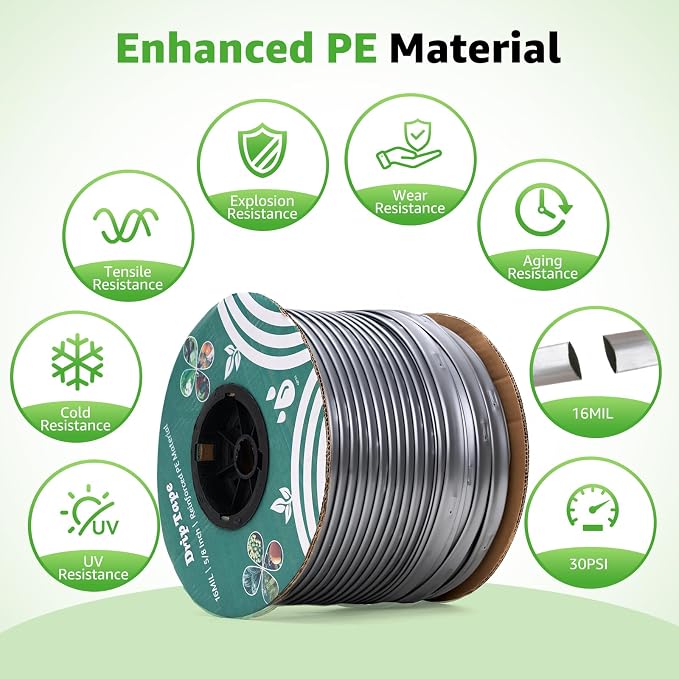 1000FT 5/8" Drip Tape Irrigation, 16 Mil Heavy Duty with 6" Emitter Spacing, Silver Reflective Drip Tape Resistant to Pecking & Biting, Heat-Safe for Seedlings, Ideal for Garden Farm Greenhouse Patio