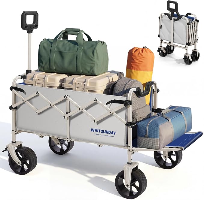 Collapsible Folding Wagon Cart, Heavy Duty Utility Wagons with Tailgate & Wheels,Portable Utility Cart for Camping,Garden,Beach,Sports Grey