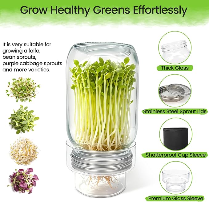 Sprouting Jar Kit, 2 Pack 32oz Wide Mouth Mason Jars | With Stainless Steel Sprout Lids, Glass Drip Covers, Blackout Sleeves - Complete Sprouts Growing Kit for Broccoli, Alfalfa