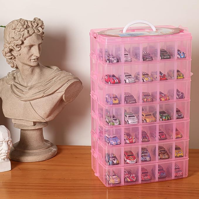 Sooyee 7 Layers Stackable Storage Container, 70 Adjustable Compartments Stackable Storage Container for Kids Toys, Art Crafts, Jewelry, Supplies, Mini Case & Letter Sticker Included,Pink