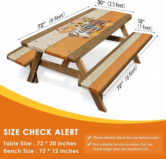 Fall Picnic Table Cover with Bench Covers, Outdoor Camping Essentials 6FT 3PCS Fitted Rectangle RV Must Haves Tablecloth with Drawstring Bag