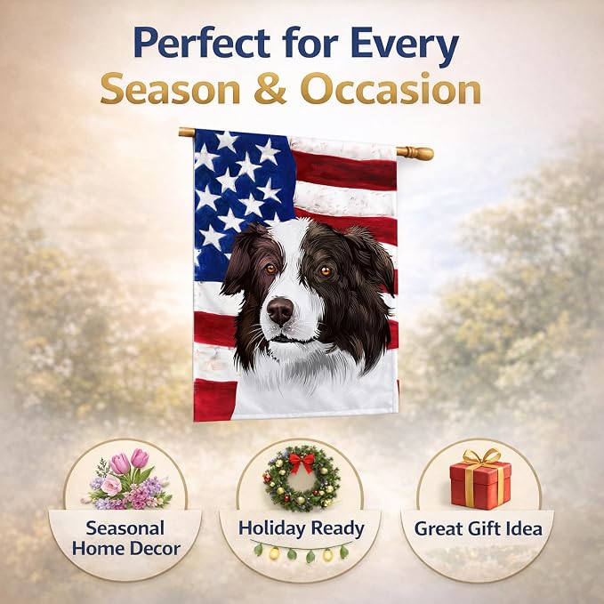 Caroline's Treasures CK6447CHF Border Collie Dog American Flag House Flag Large Porch Sleeve Pole Decorative Outside Yard Banner Artwork Wall Hanging, Polyester, House Size, Multicolor