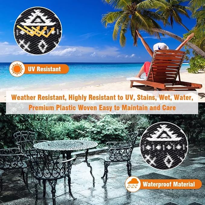 Pendolr Outdoor Rug 9’x12' for Patios Clearance Waterproof Carpet Large RV Mat Outdoor Plastic Straw Rug for Camping Reversible Outside Rug for Patio Balcony Deck Backyard Picnic Beach Black&White 02#