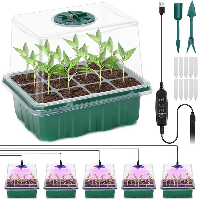Idealife Seed Starter Tray, Seed Propagation Station with Grow Light,5 Pack | Seedling Starting Kit with Time Controller,Mini Greenhouse with Humidity Domes and Base,Plant Tray for Seeds Growing Starting