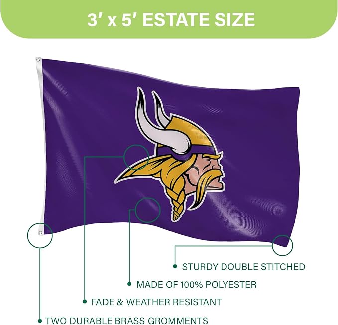 Team Sports America NFL Minnesota Vikings 3 x 5 Outdoor Durable House Flag with Grommets | Sport Team Flag & Banner | Indoor Wall Decor Flag for Room | Works with Flag Poles for Outside House