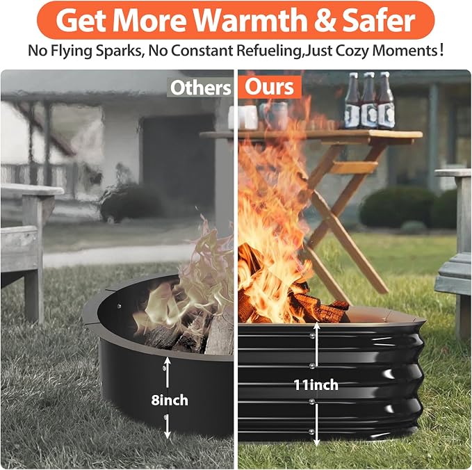 48 Inch Heavy Duty Square Fire Pit Ring for Outside, 11" Deep Galvanized Steel Fire Pit Insert for Backyard Bonfires, DIY Outdoor Wood Burning Firepit for Patio, Camping & Outdoor Fireplace