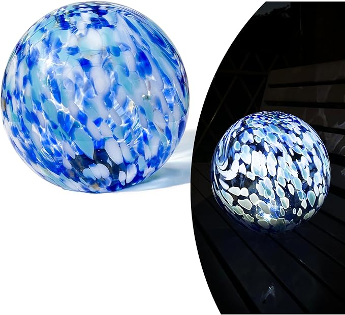 Lily's Home Gazing Ball - 10" Glass Globe with Solar Powered Lights - Outdoor Solar Lights for Yard & Patio - Garden Decor - Automatic On/Off Photosensitive Switch - Blue