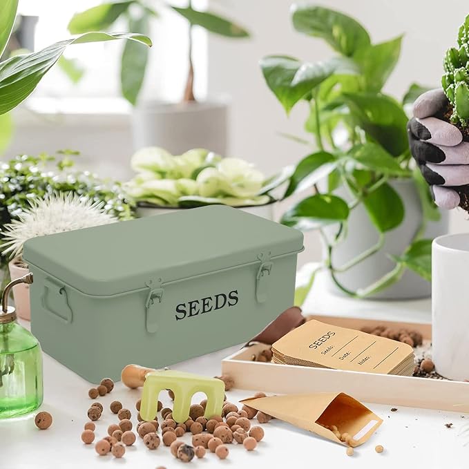 Seed Storage, Metal Seed Box, Seed Storage Organizer Box with Lid & Handle | 4 Compartments Seed Storage Box, Seed Packet Organizer with Safety Locks, Seed Saving Box for Garden Seed Organizer (Green)