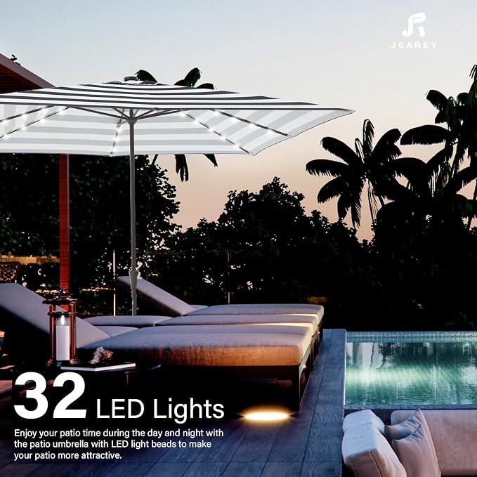JEAREY 8x10 ft Rectangular LED Lighted Patio Umbrellas Outdoor Solar Table Market Umbrella w/Crank, 8 Sturdy Ribs, UV Protection Waterproof Sunproof(Black-White Stripe)