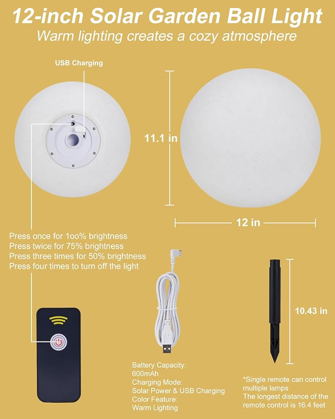 12 Inch Solar Ball Light, Solar Rechargeable Globe Light,3 Modes Dimmable Globe Light,Decor for Patio,Garden,Yard,Beach,Pathway,Party Decorative Lighting