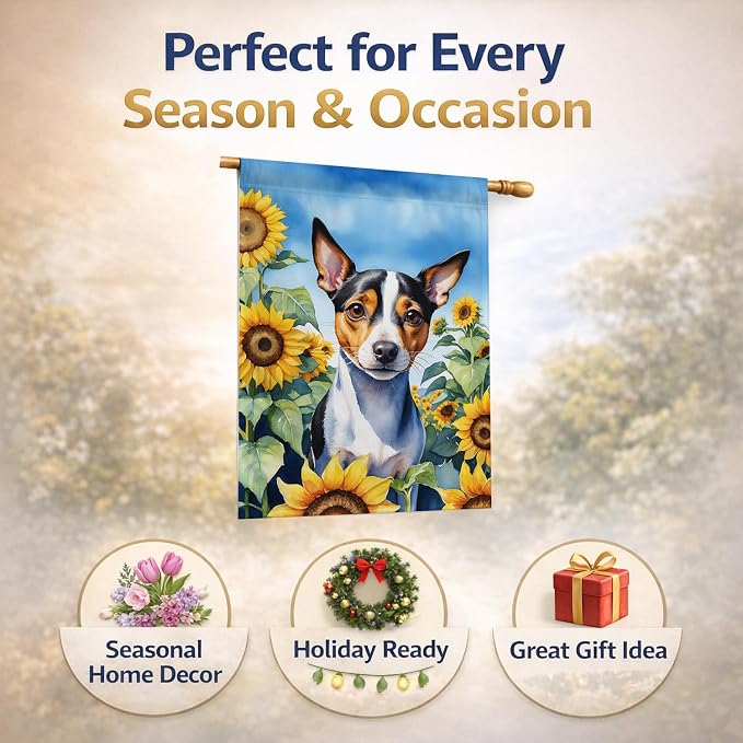 Caroline's Treasures DAC6147CHF Rat Terrier in Sunflowers House Flag Large Porch Sleeve Pole Decorative Outside Yard Banner Artwork Wall Hanging, Polyester, House Size, Multicolor