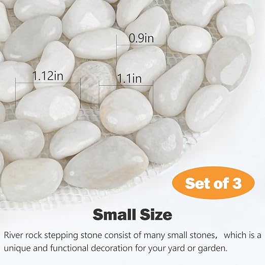 River Rock Stepping Stones Outdoor for Garden Walkway, 12 inch Diameter 3 Pcs Round Shape Paver Step Stones Polished Pebble River Stone Mat for Yard Lawn Patio Pathway Walk Way - White