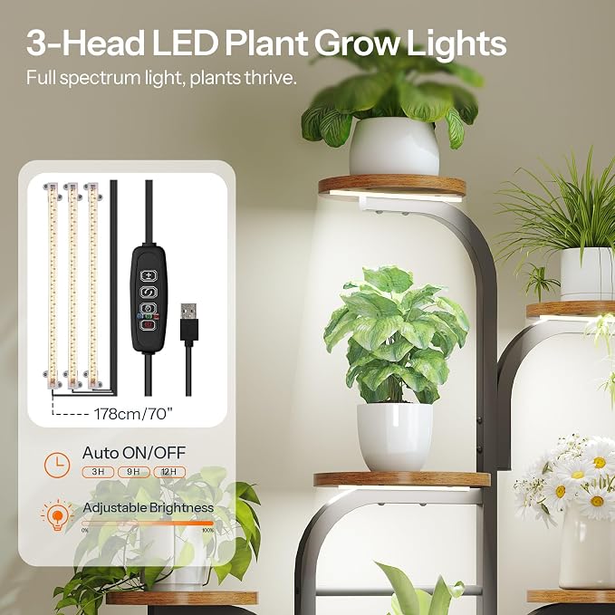 HOOBRO Plant Stand Indoor with Grow Lights, 47.2" Tall Metal Plant Shelf, 7 Tiered Corner Plant Stand for Indoor Plants, Plant Rack for Living Room Bedroom Balcony, Rustic Brown and Black BF09DHJ01