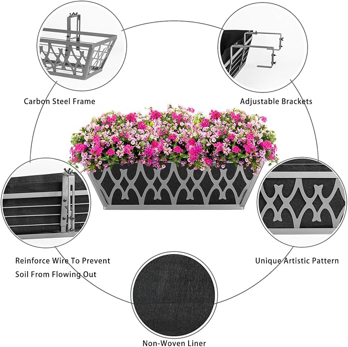 4 Pack 16 Inch Window Boxes Planters Railing Planter Box with Adjustable Brackets & Non-Woven Fabric Plant Grow Bags Deck Railing Planter Boxes Balcony Hanging Flower Box for Outdoor Plants