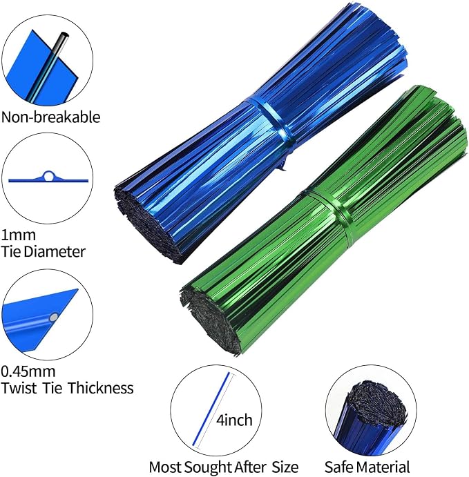 1000 Pcs Metallic Twist Ties 10 Colors Twist Tie 4" Bread Ties Twist Ties for Bags Foil Twist Ties Bag Ties Colorful Twist Ties for Party Gift Wrapping Bags Cellophane Treat Bags Bread Candy Bags