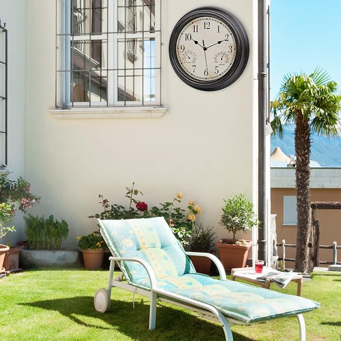 12 Inch Indoor Outdoor Retro Waterproof Wall Clock with Thermometer and Hygrometer, Battery Operated Quartz Round Wall Clock Silent Non Ticking Home Decor,Bronze