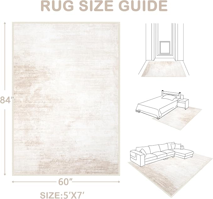 Area Rugs 5x7 Living Room: Washable Rug Modern Abstract Large Rug Soft Non Slip Neutral Rugs Stain Resistant Indoor Carpet for Bedroom Kitchen Dining Room Table Nursery Home Office Rugs(Beige,5'x7')