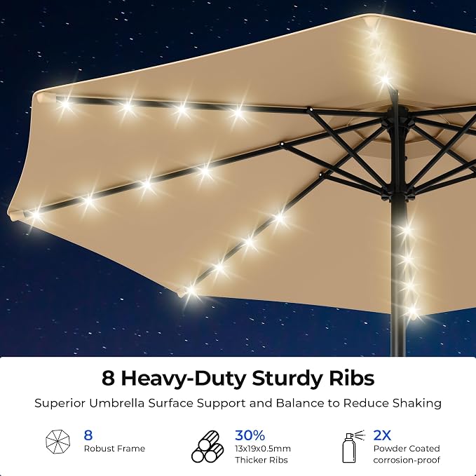 HOMSHADE 9FT Motorized Patio Umbrella with Remote Control & Solar Lights, Outdoor Table Umbrella with One-Button Switch for Deck, Backyard, Pool(Buff)