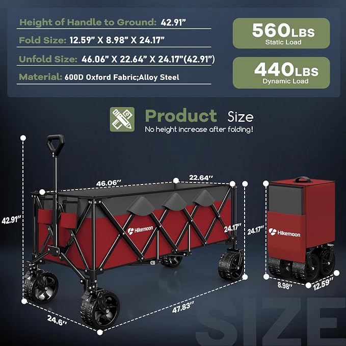 Hikemoon 300L Extra Large Wagons Carts Foldable, 560LBS Heavy Duty Collapsible Beach Wagon 48" Long with Big All-Terrain Wheels, Utility Folding Cart for Camping, Grocery, Sports, Garden, Red & Grey