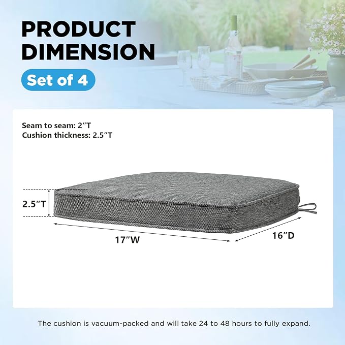 17 x 16 Inch Outdoor Chair Cushions with Tie Straps, Set of 4 Thick Water Repellent Round Patio Chair Pads for Garden Lawn Patio Furniture, Linenweave Gray