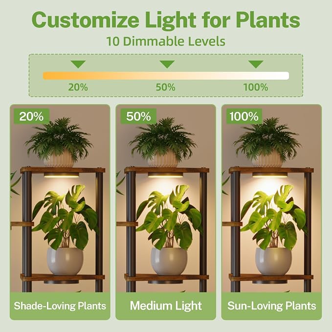 iDavosic.ly Tall Plant Stand with Grow Lights for Large & Heavy Duty Planters, 5 Tier Indoor Corner Flower Shelf with Wooden Trays & Metal Frame, Orchid Rack for Living Room Balcony, Black & Brown