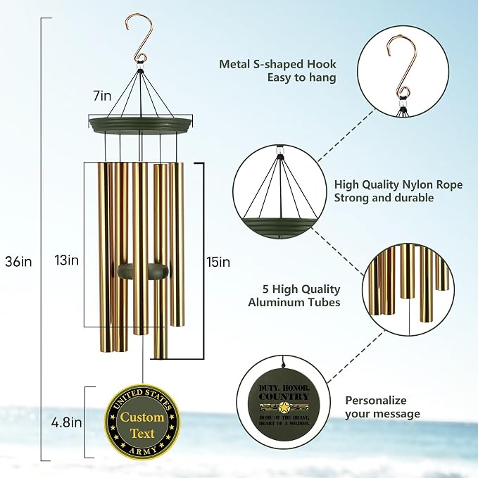 Deep Tone Wind Chimes for Army Soldiers Memory Gifts, Personalized Name/Date/Text Wind Chimes for US Military, Sympathy Gifts for Veteran, Veterans Day Gift(Produced in Texas)