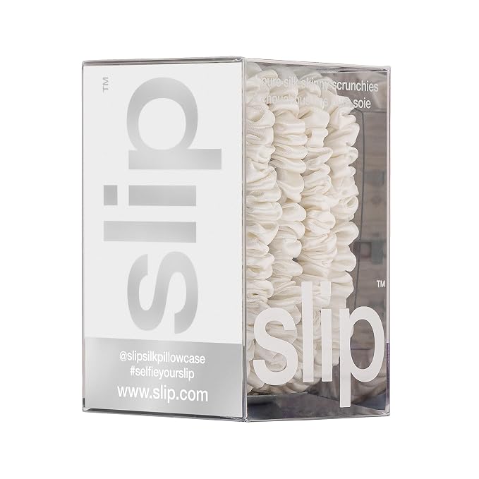 Slip Silk Hair Ties — Skinny Silk White Scrunchies, No Damage, No Crease, Anti-Breakage |100% Mulberry Silk | All Hair Types | Made with Proprietary Slipsilk™ | Set of 4